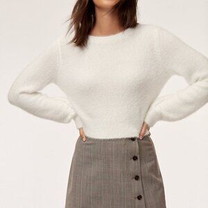 Aritzia Sunday Best size S White Fuzzy Crew Neck Balloon Sleeve Kitten Sweater